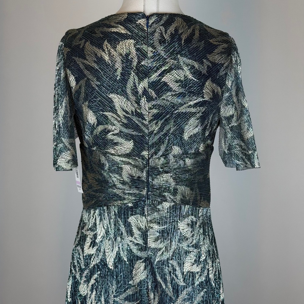 NWT R&M Richards Blue Gold Leaf Metallic Pleated Flutter Sleeve Dress Gown Sz 6 - Picture 10 of 14